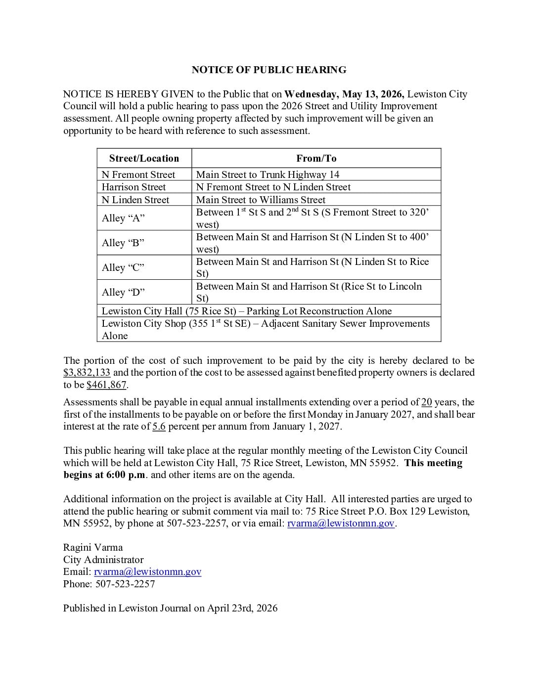 2026 Street and Utility Project Public Hearing 5.13 pdf