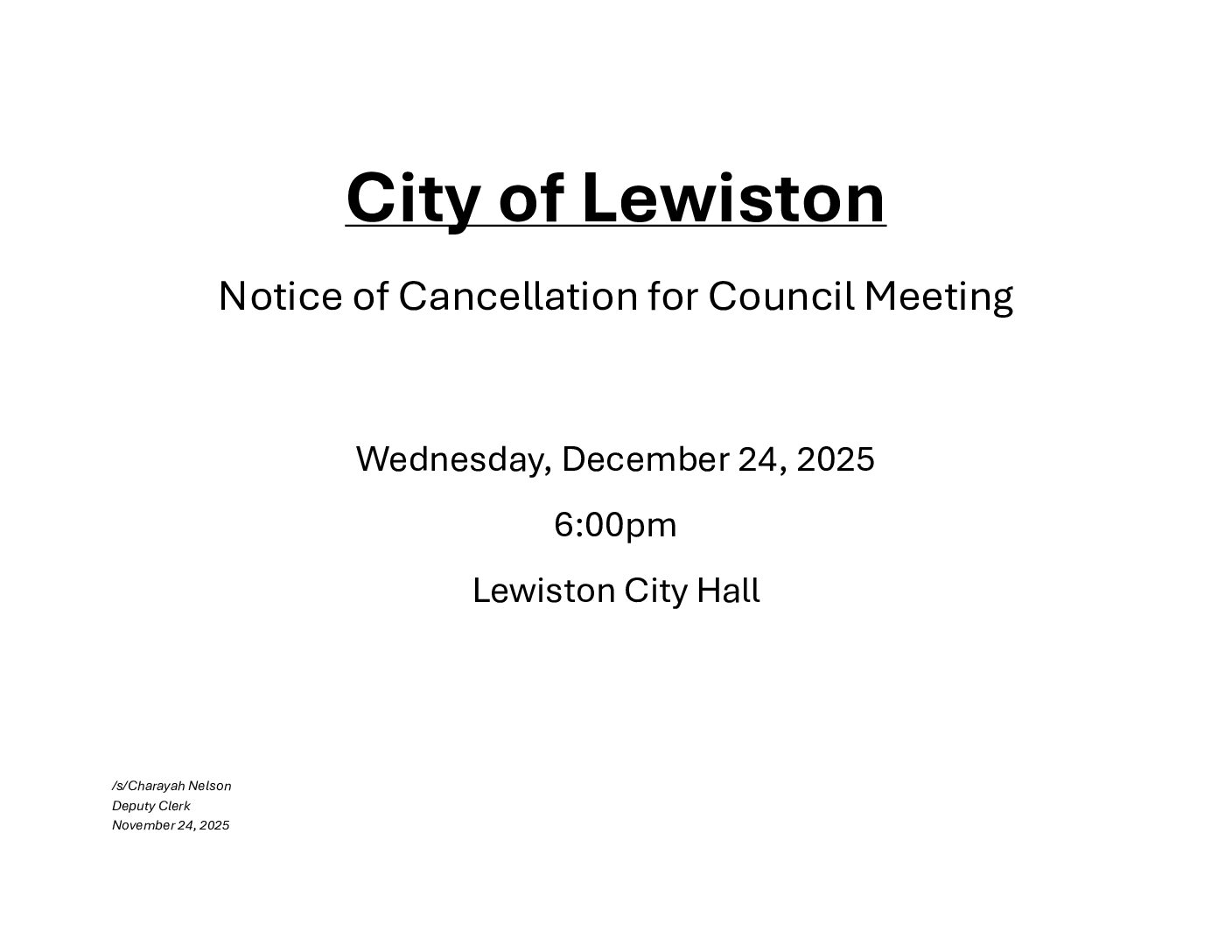 City Cancel Notice of Council MTG Cancellation 12.24.25 pdf